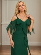 Sheath/Column Cold Shoulder V-Neck Floor-Length Chiffon Dress With Cascading Ruffles Sequins Beading