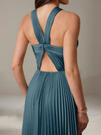 French Blue A Line Halter Sleeveless Floor-Length Satin Bridesmaid Dress