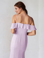 Lilac Chiffon Sheath/Column Spaghetti Straps Sleeveless Floor Length Bridesmaid Dress With Ruffle