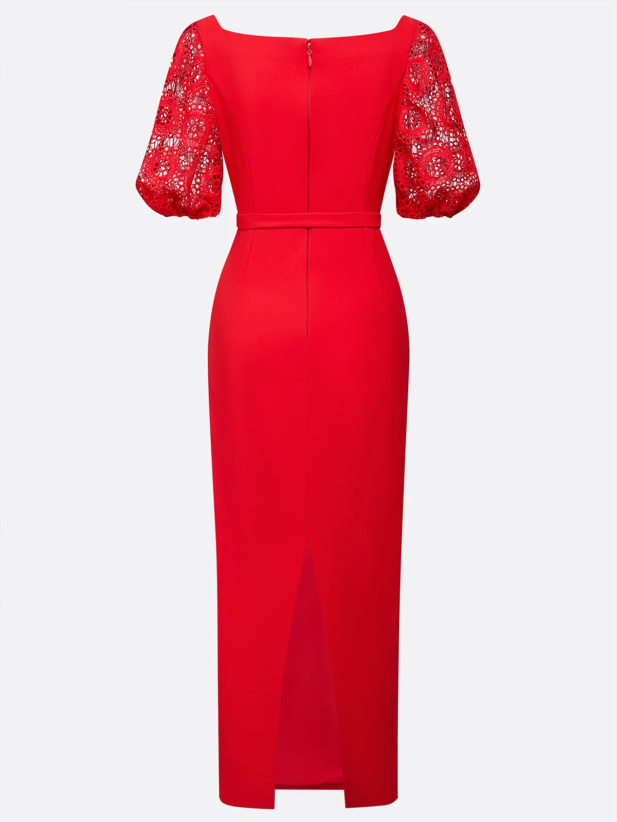 Rotes Spitzen-Klassisches Bootsausschnitt-Kurzarmpuffärmel-Sheath-Maxikleid