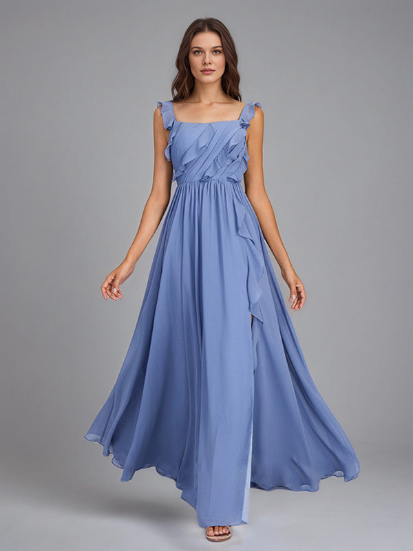 A Line Chiffon Square Neck Floor Length Sleeveless Bridesmaid Dress With Ruffles