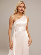 Blushing Pink A-Line One Shoulder Floor-Length Satin Bridesmaid Dress With Ruffle