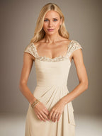 Champagne Sheath/Column Chiffon Square Neck Short Sleeves Floor Length Dress