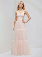 A Line Halter Neck Sleeveless Floor Length Tulle Bridesmaid Dresses With Bow