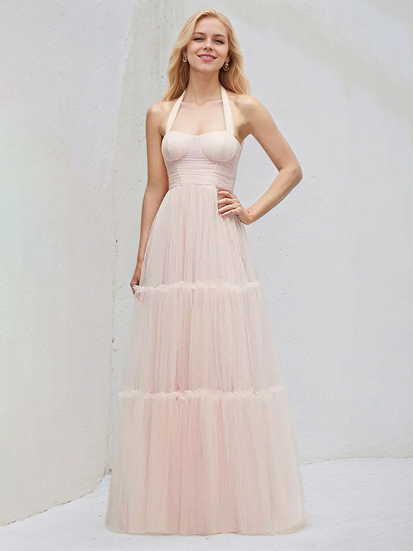 A Line Halter Neck Sleeveless Floor Length Tulle Bridesmaid Dresses With Bow