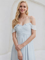 Ice Blue Chiffon A Line Off the Shoulder Sleeveless Floor Length Bridesmaid Dress With Ruffle