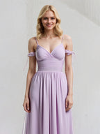 Abito lungo in chiffon lilla a linea A con spalline sottili, senza maniche e fiocco