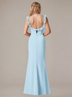 Sheath/Column Chiffon Off The Shoulder Sleeveless Floor Length Dresses With Ruffles