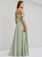 Celadon Chiffon A Line Off the Shoulder Sleeveless Floor Length Bridesmaid Dress