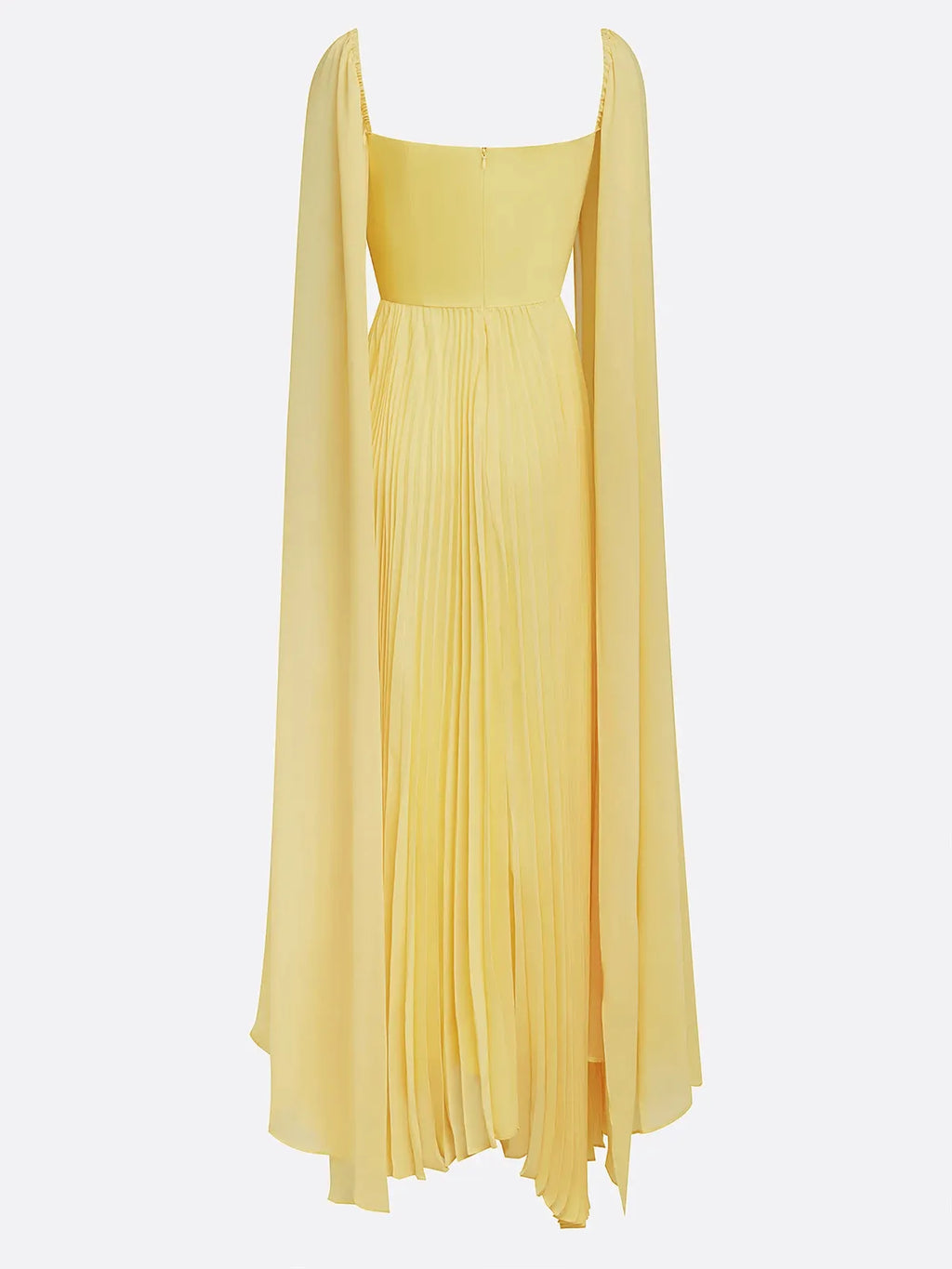 Gelbes plissiertes Chiffonkleid mit quadratischem Ausschnitt, langen Ärmeln und A-Linien-Schnitt