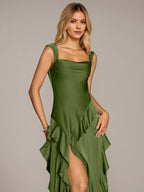Olive Green Sheath/Column Satin Square Neck Sleeveless Floor Length Dresses