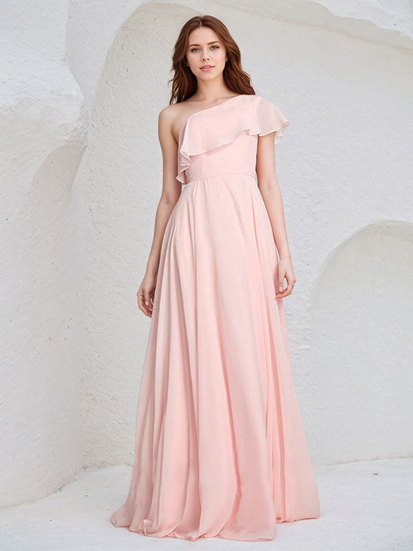 Vestido de Dama de Honra Longo em Chiffon Rosa, Sem Mangas, com Um Ombro Só e Babados
