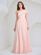 Vestido de Dama de Honra Longo em Chiffon Rosa, Sem Mangas, com Um Ombro Só e Babados