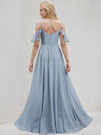 Dusty Blue Chiffon A Line Spaghetti Straps Floor Length Bridesmaid Dress With Ruffle