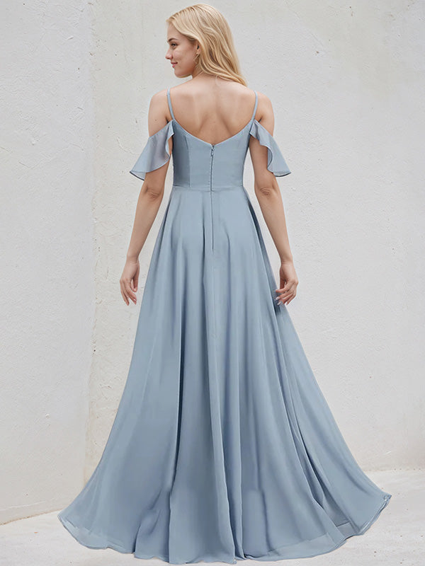 Dusty Blue Chiffon A Line Spaghetti Straps Floor Length Bridesmaid Dress With Ruffle