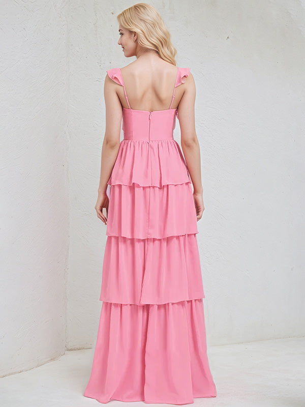 Pink Chiffon A Line V Neck Sleeveless Ruched  Floor Length Bridesmaid Dress