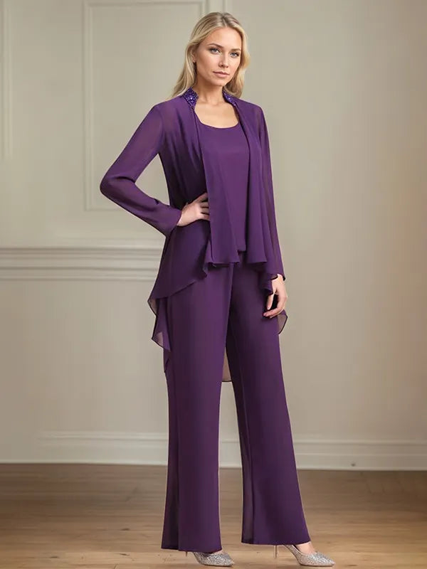 Tailleur pantalone da madre della sposa in chiffon con scollo a U, maniche lunghe e lunghezza fino a terra