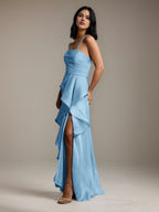 Mint Blue Satin A Line Off The Shoulder Sleeveless Floor Length Bridesmaid Dress With Ruffles
