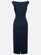 Robe midi classique bleu violacé à épaules dénudées manches courtes avec boucle