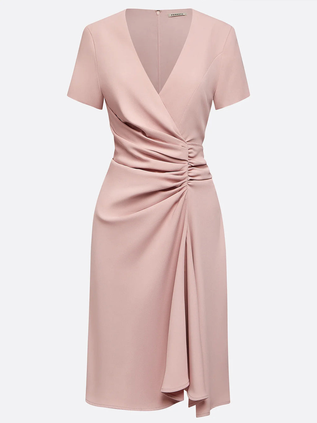 Vestido corto rosa ajustado/columnar de satén con escote en V y mangas cortas hasta la rodilla