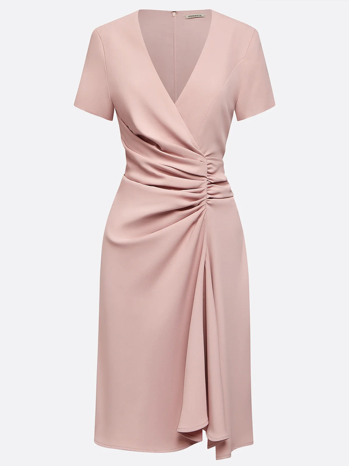 Vestido corto rosa ajustado/columnar de satén con escote en V y mangas cortas hasta la rodilla