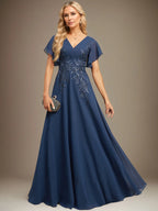 A Line V Neck Floor Length Lace Chiffon Evening Dress With Pleated Sequins