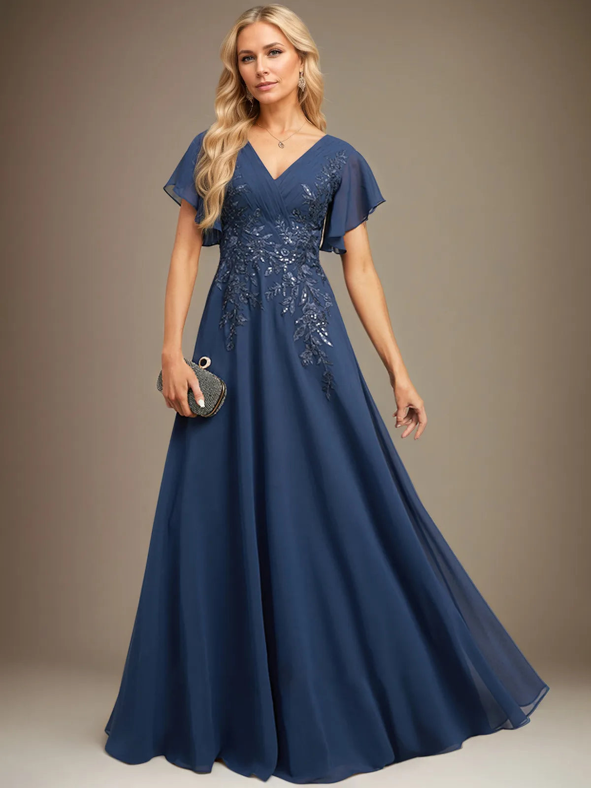 A Line V Neck Floor Length Lace Chiffon Evening Dress With Pleated Sequins