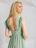 Sage Chiffon A Line V Neck Sleeveless Floor Length Pleated Bridesmaid Dresses