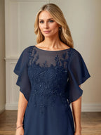 A Line Chiffon Boat Neck Flutter Sleeve Floor Length Dress