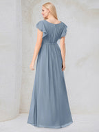 Dusty Blue A-Line Round Neck Floor-Length Chiffon Bridesmaid Dress With Ruffles