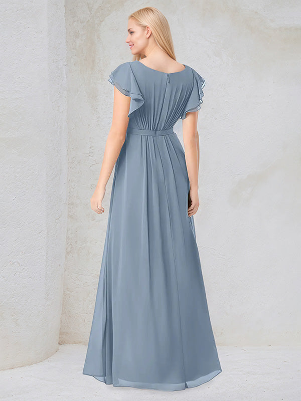 Dusty Blue A-Line Round Neck Floor-Length Chiffon Bridesmaid Dress With Ruffles