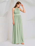 Sage Chiffon A Line Halter Neck Sleeveless Floor Length Bridesmaid Dress