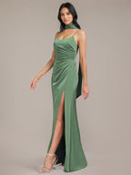Eucalyptus Sheath/Column Spaghetti Straps Floor-Length Satin Bridesmaid Dress With Scarf