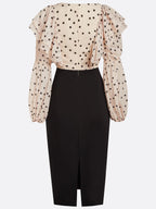 Apricot Peplum Chiffon Long Sleeve Balloon Sleeve Sheath Midi Dress