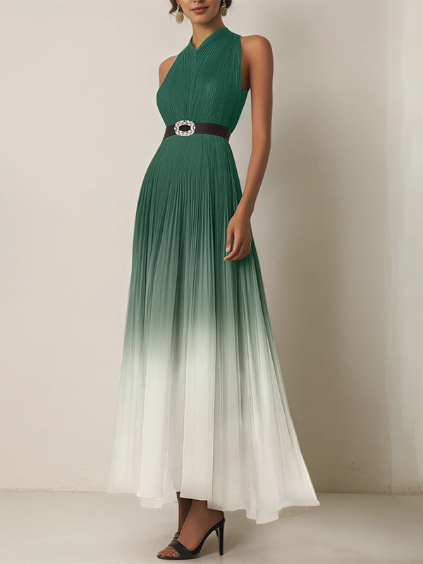 Evening Dress Green-White Ombre Pleated Chiffon Belt Ankle Length Dress