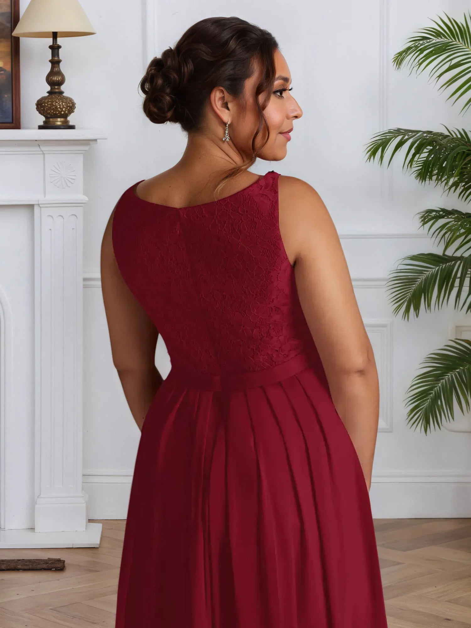 Abito da madre della sposa in chiffon con pizzo, linea A e scollo quadrato