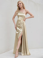 Champagne Satin A Line One Shoulder Sleeveless Floor Length Bridesmaid Dress