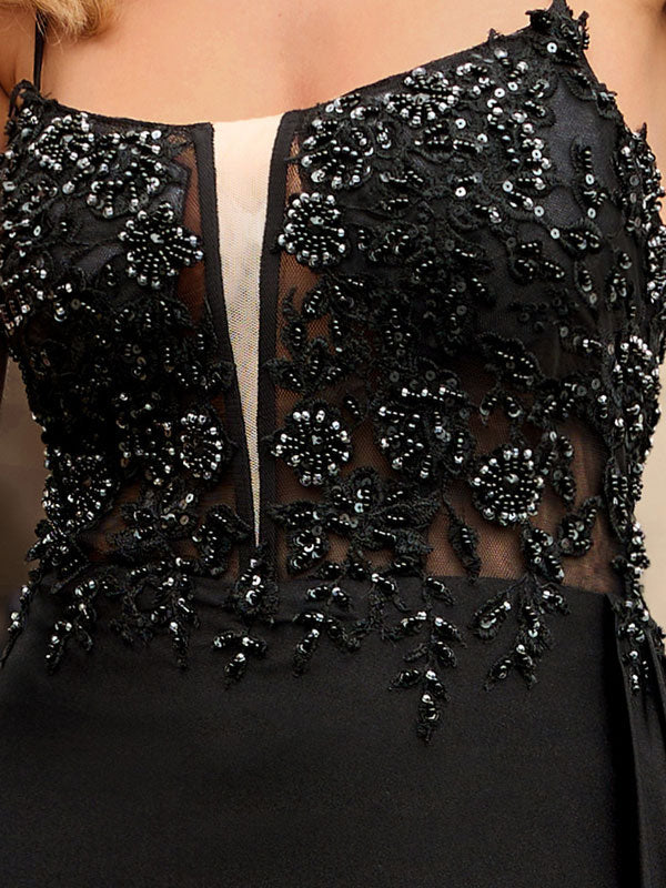 Schwarzes Meerjungfrau Spaghettiträger langes mit Applikationen Abschlussballkleid mit Schlitz
