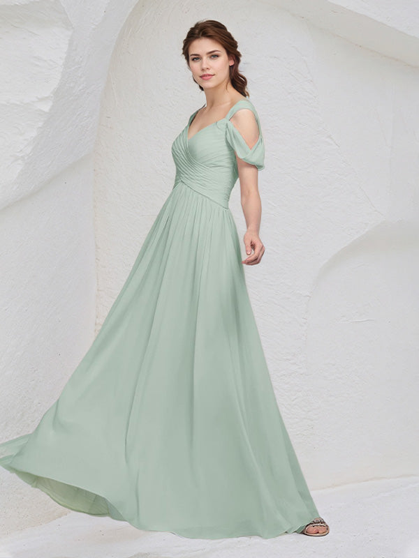 Abito lungo da damigella in chiffon salvia a linea A con scollo a V, senza maniche e pieghe