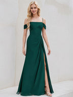 Emerald Chiffon A Line Spaghetti Straps Sleeveless Floor Length Bridesmaid Dress