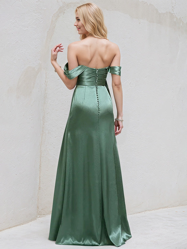 Sea Glass Satin A Line Off the Shoulder Sleeveless Floor Length Bridesmaid Dress