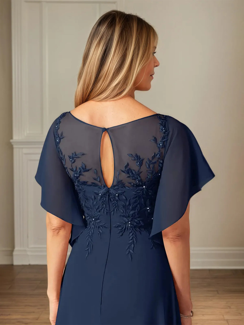 A Line Chiffon Boat Neck Flutter Sleeve Floor Length Dress