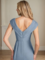 Robe mère de la mariée ligne A en chiffon col en V manches courtes longueur au sol