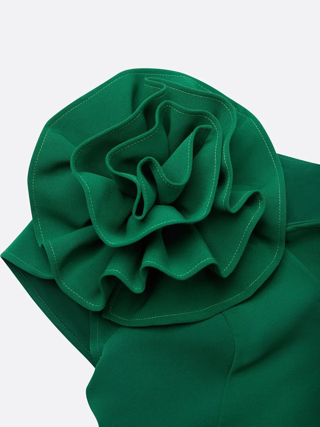 Vestido midi verde con escote en V y fruncido floral 3D ajustado