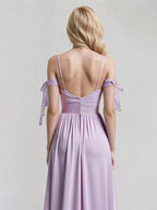 Abito lungo in chiffon lilla a linea A con spalline sottili, senza maniche e fiocco