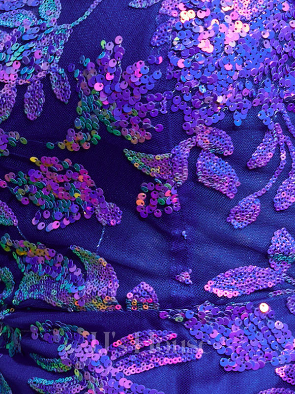 Abito da ballo lungo blu reale aderente con paillettes, scollato sulle spalle e con spacco