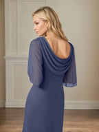 Sheath/Column Boat Neck 1/2 Sleeve Floor Length Chiffon Dress With Beadings