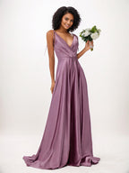 Vestidos de madrinha wisteria em cetim, corte evasê, babados, decote em V, sem mangas, comprimento até o chão