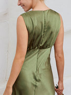 Olive Green Satin Sheath/Column V Neck Floor Length Bridesmaid Dress