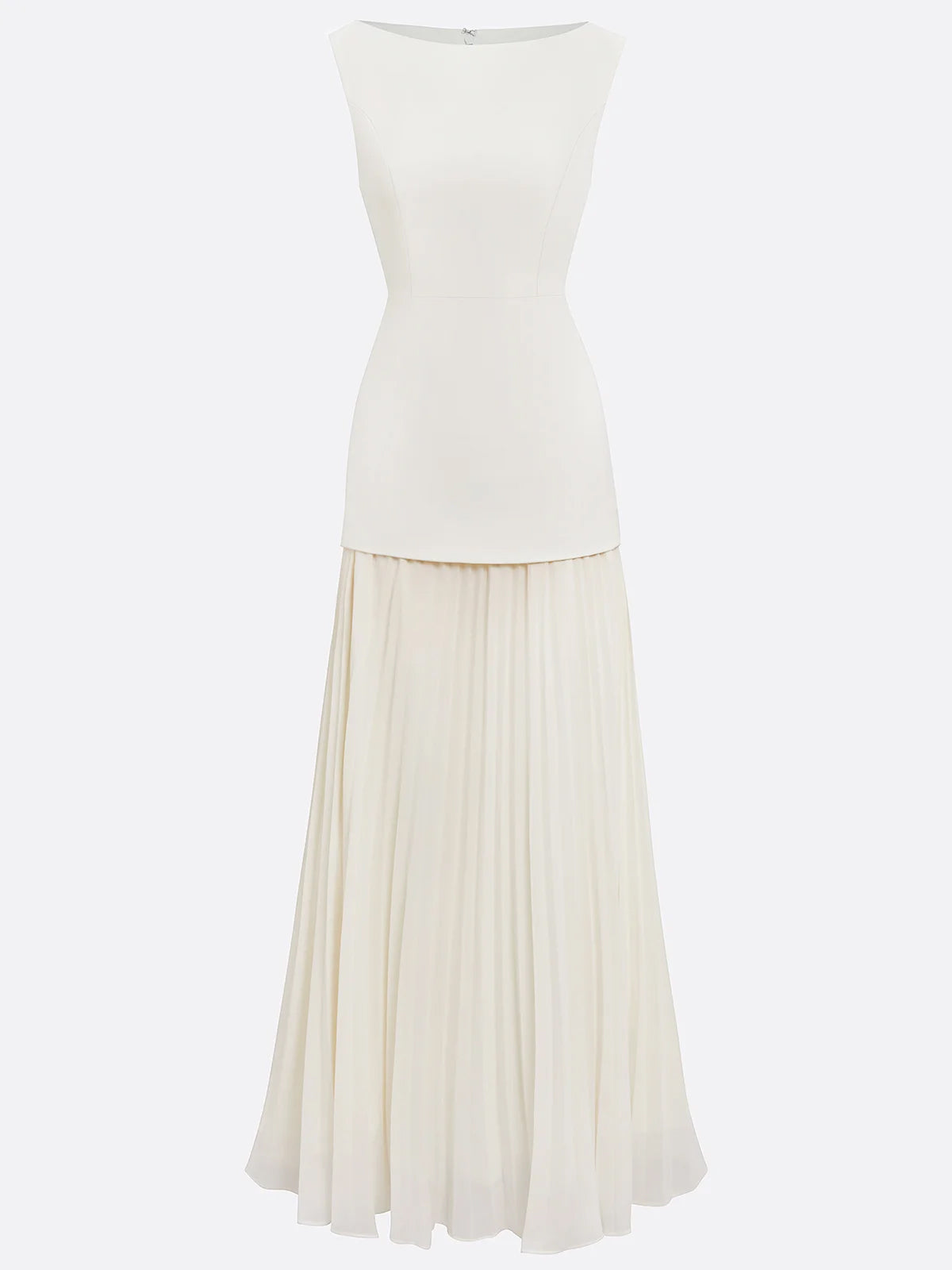 Weißes A-Linien Chiffon Rundhalsausschnitt ärmelloses bodenlanges Kleid